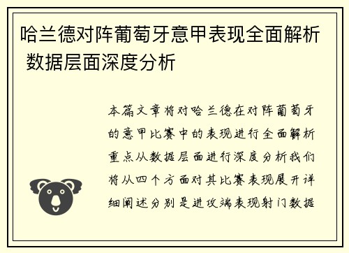 哈兰德对阵葡萄牙意甲表现全面解析 数据层面深度分析